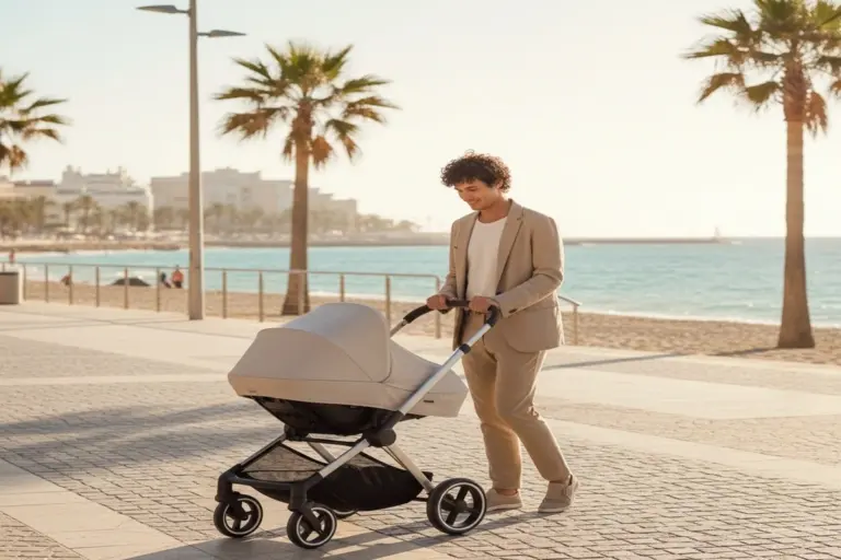 Vater mit Kinderwagen auf sonniger Strandpromenade – eleganter City-Lifestyle mit Cybex Mios Flair