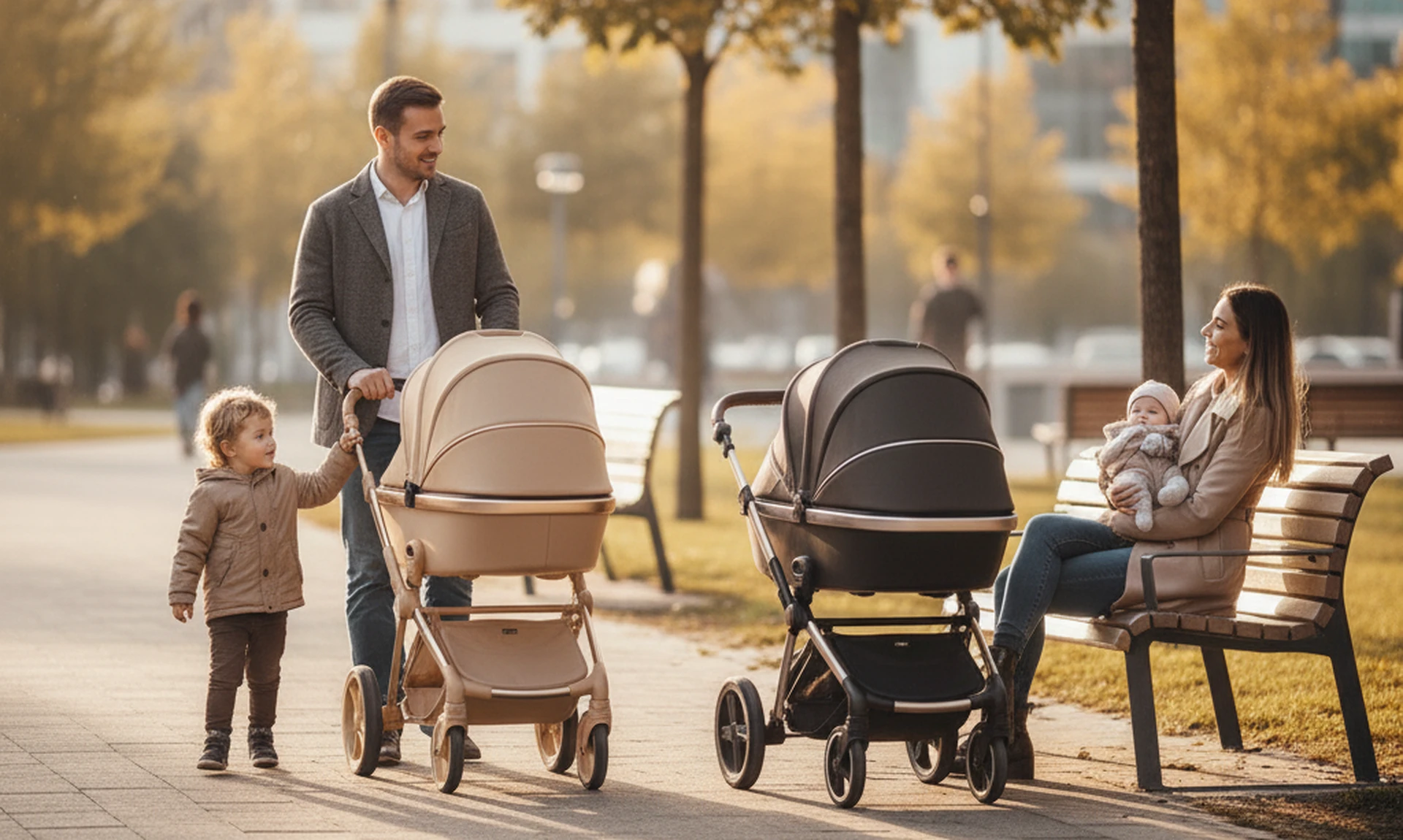 Zwei Familien treffen sich im Park mit eleganten Kinderwagen – Alltagsszene aus dem Cybex Priam Test