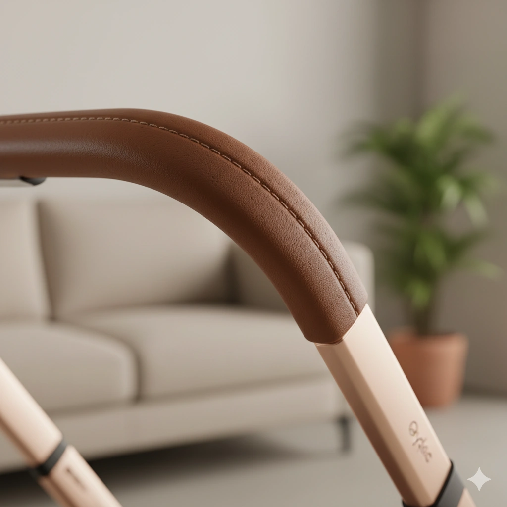 Detailaufnahme des Cybex Mios mit Roségold-Rahmen und Ledergriff – hochwertig verarbeitetes Premium-Design.