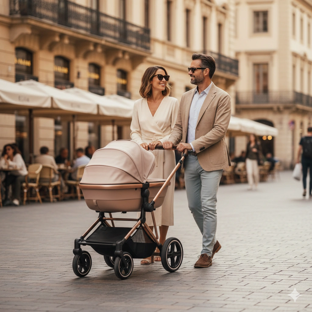 Cybex Mios Kinderwagen im Stadtalltag – kompakt, elegant und wendig auf Gehweg vor Café.