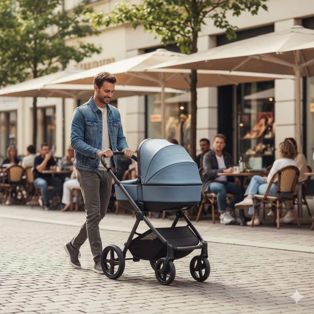 Elternteil schiebt modernen Kinderwagen an einem Straßencafé entlang