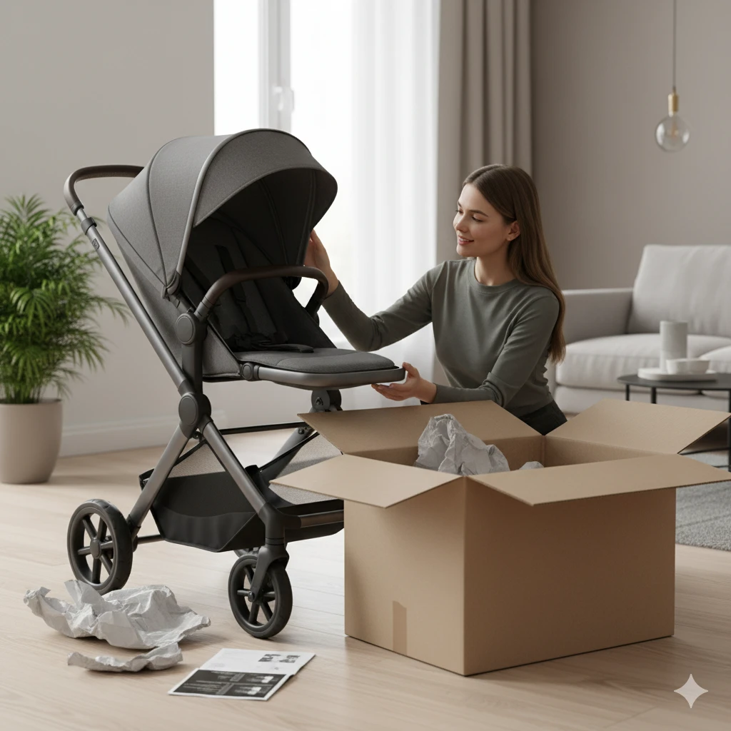 Eltern packen modernen Premium-Kinderwagen aus – Unboxing-Test