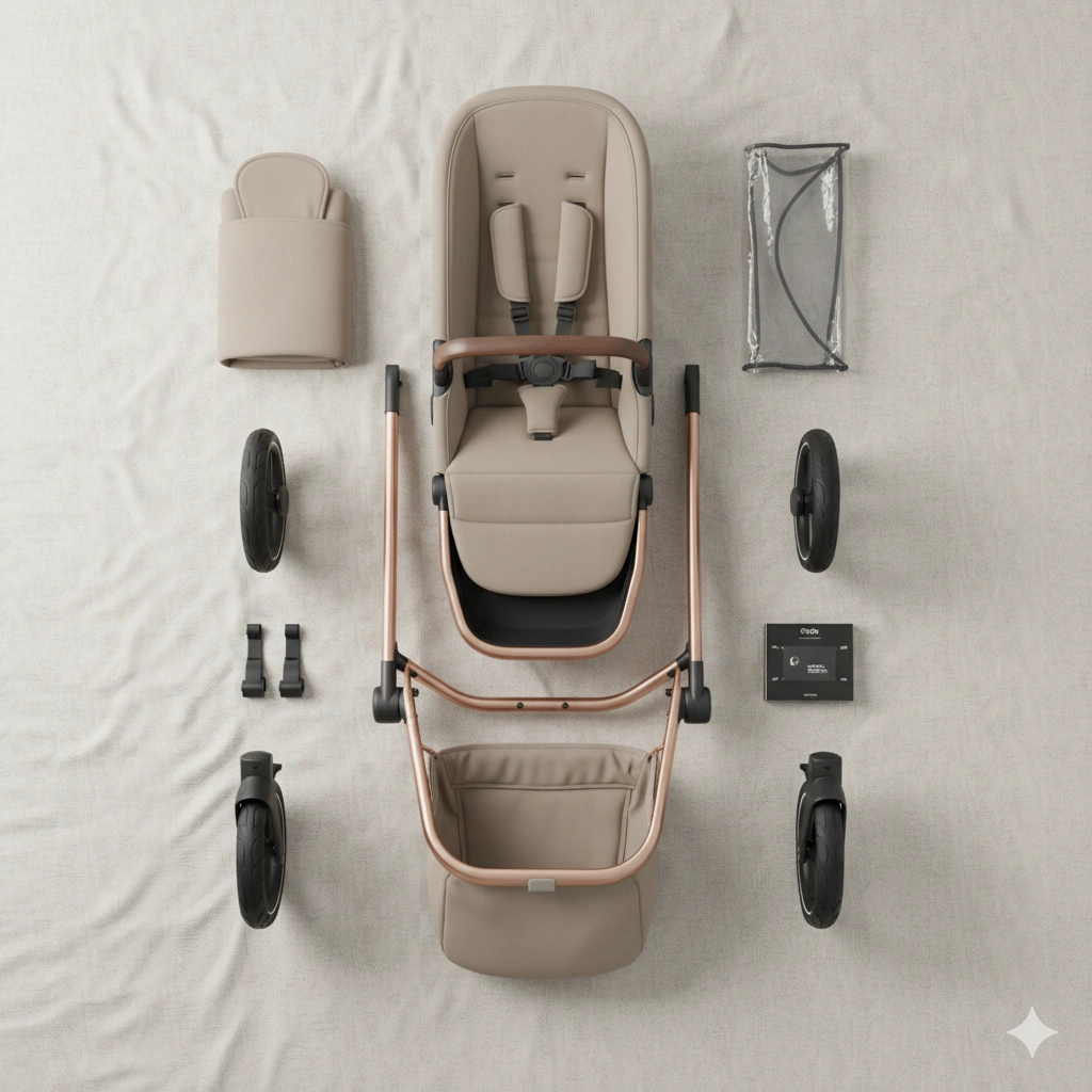 Lieferumfang des Cybex Mios: Rahmen, Räder, Sitz, Adapter, Einkaufskorb, Komforteinlage und Regenverdeck ordentlich ausgelegt.