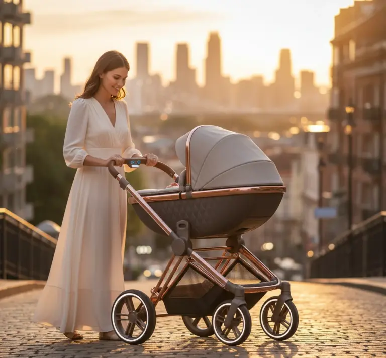 Moderner elektrischer Kinderwagen im Abendlicht auf Kopfsteinpflaster
