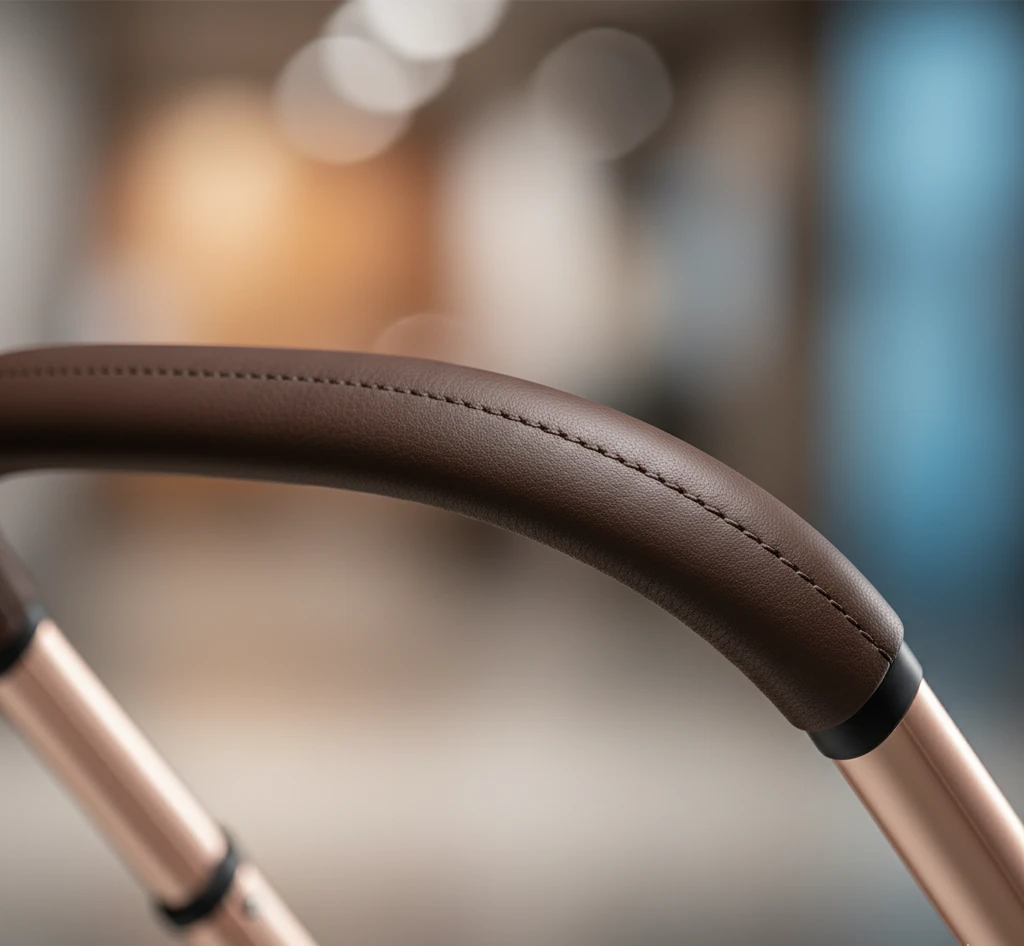 Nahaufnahme des hochwertigen Ledergriffs eines Kinderwagens