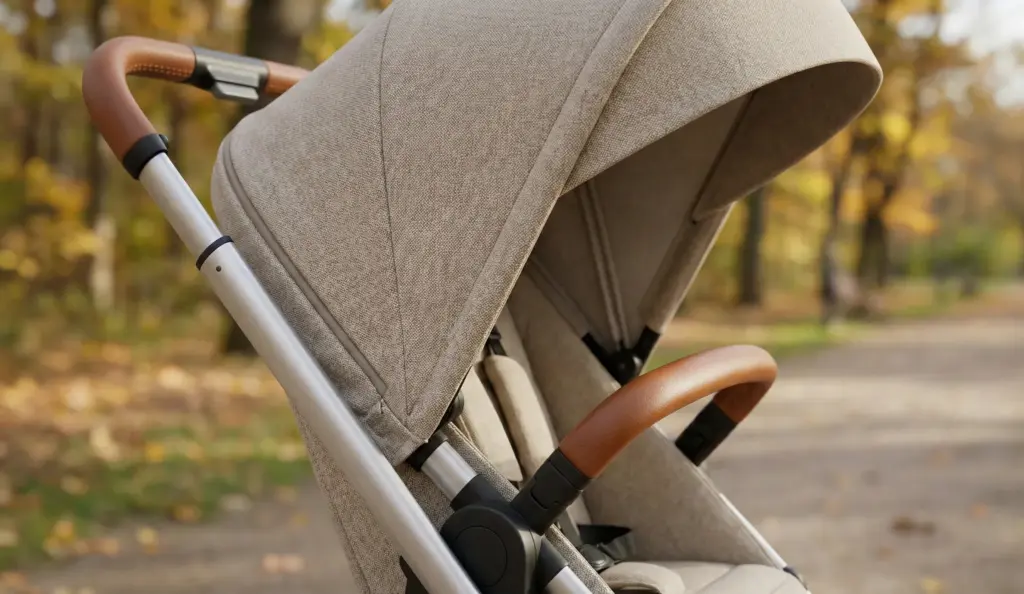 Detailaufnahme des Kinderwagens mit Fokus auf Stoffe, Rahmen und braunen Ledergriffen im Park.