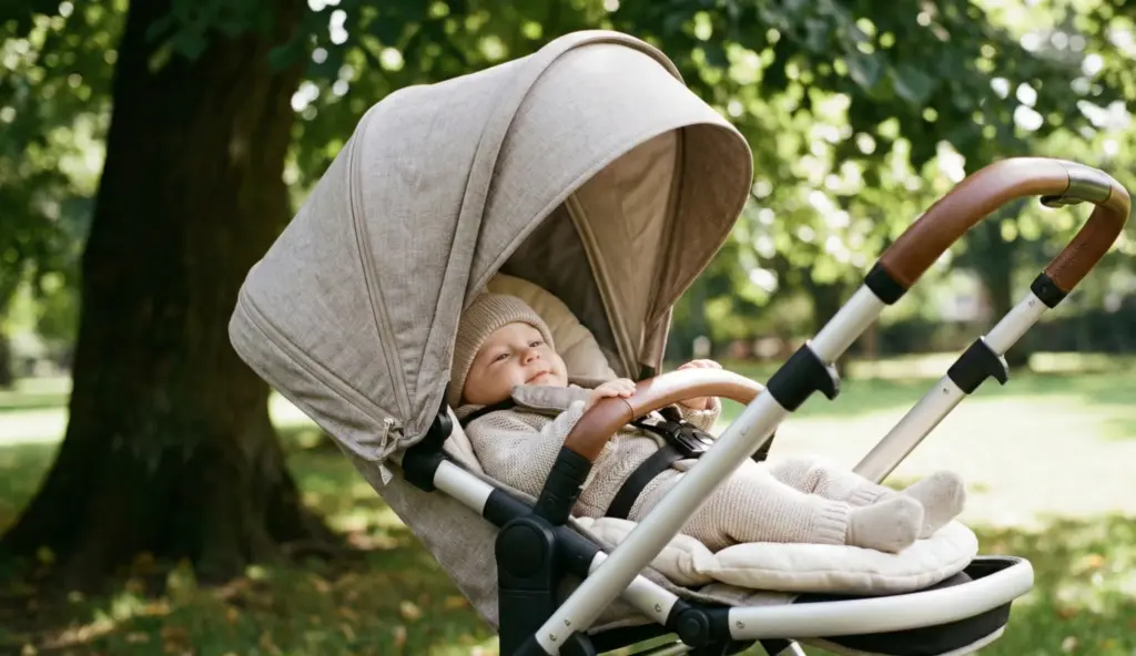 Baby sitzt entspannt im Kinderwagen unter einem großen Verdeck in einem grünen Park.
