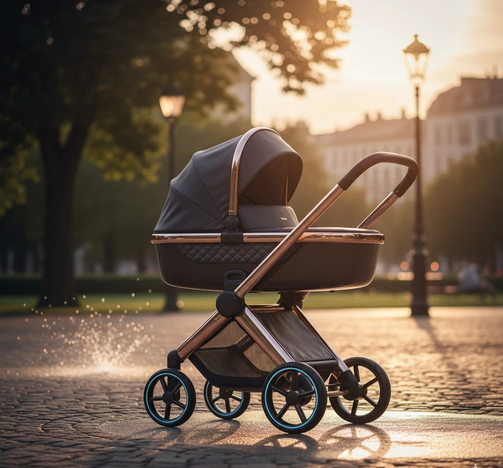 Kinderwagen steht im Stadtpark bei Sonnenuntergang