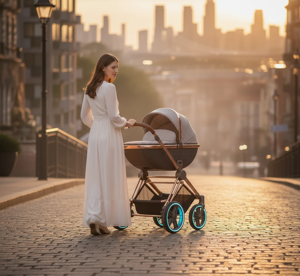Frau schiebt eleganten Kinderwagen bergauf bei Dämmerung