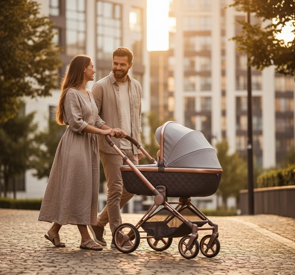 Elternpaar spaziert mit modernem Kinderwagen in urbaner Umgebung