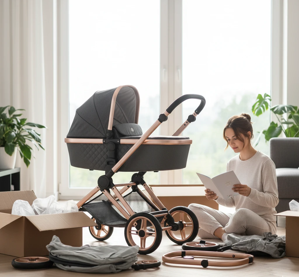 Unboxing eines luxuriösen elektrischen Kinderwagens in modernem Wohnzimmer