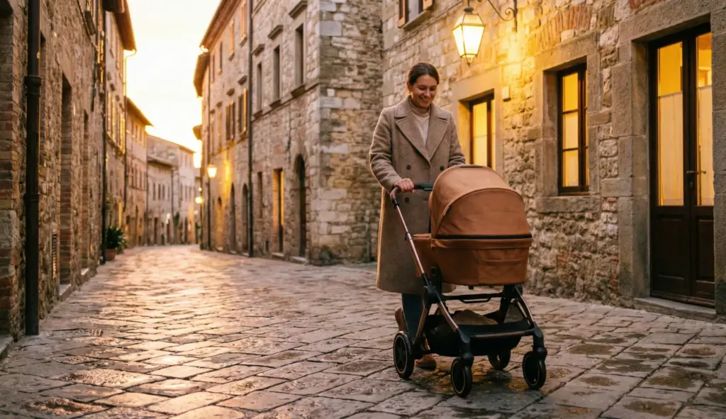 Mutter schiebt ihren Kinderwagen bei warmem Abendlicht durch eine historische Altstadt – emotionaler Abschlussmoment.