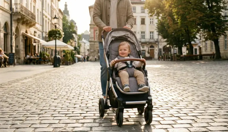 Elternteil schiebt einen modernen Kinderwagen entlang eines sonnigen Gehwegs in der Stadt.