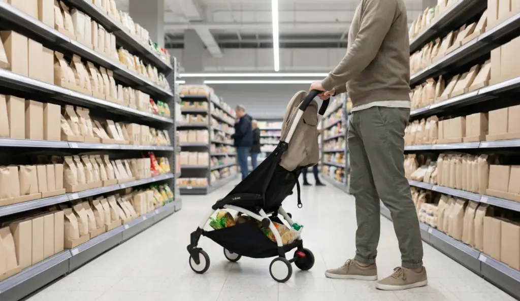 Ansicht des Kinderwagens Bugaboo Bee 6 im Supermarkt in einem engen Gang. Das Bild zeigt, wie wendig der Kinderwagen in engen Räumen ist.