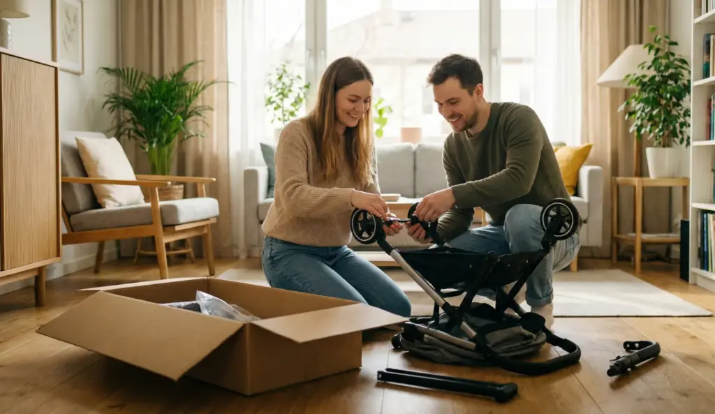 Unboxing des Bugaboo Bee 6 Kinderwagens im Wohnzimmer während des Aufbaus.