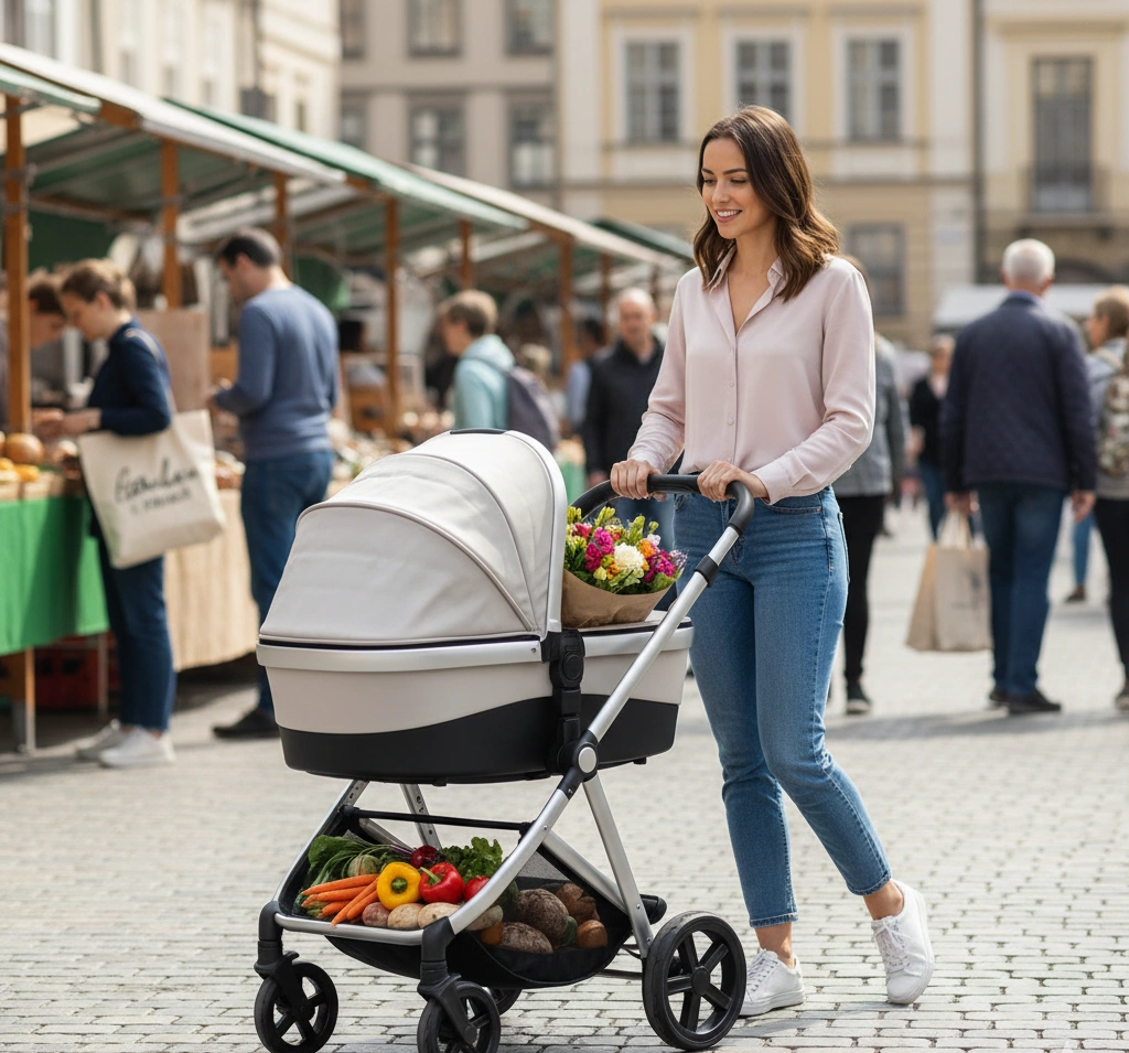 Mutter schiebt den Bugaboo Donkey 5 Mono über einen Markt, Unterkorb gefüllt mit Einkäufen und Blumen.