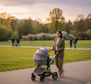 Mutter schiebt den Bugaboo Donkey 5 Mono bei warmem Sonnenuntergang durch einen Park.