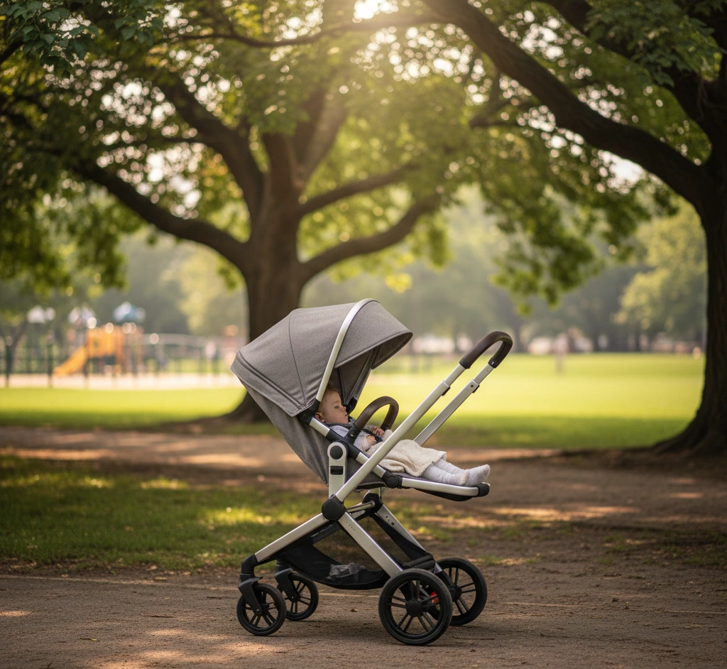 Schlafendes Baby liegt im Bugaboo Donkey 5 Mono unter Bäumen im Park.