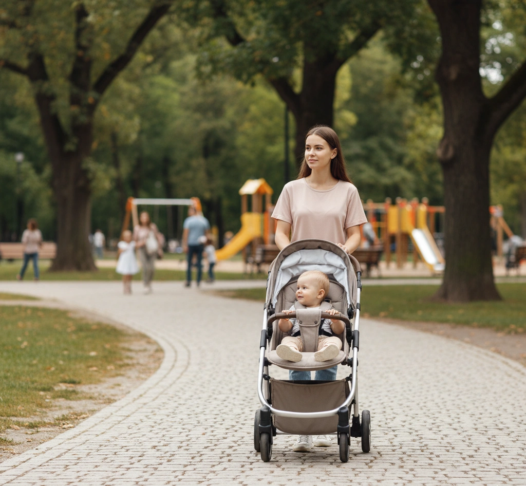 Mutter schiebt den Bugaboo Donkey 5 Mono mit Kind über einen Weg im Park.