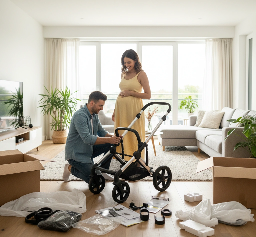 Vater baut im Wohnzimmer den Bugaboo Donkey 5 Mono Kinderwagen zusammen, seine schwangere Partnerin schaut lächelnd zu.