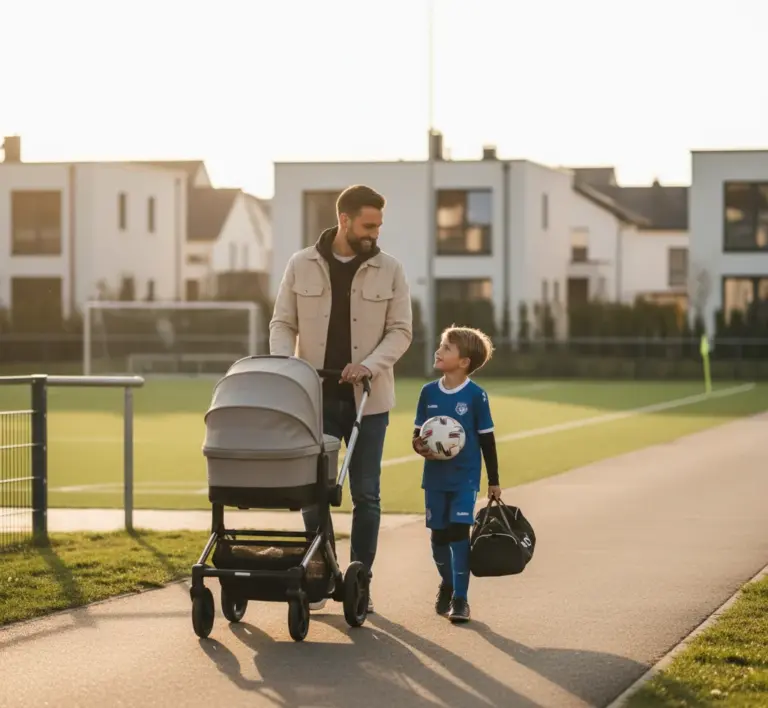 Vater geht mit Sohn und Kinderwagen vom Sportplatz nach Hause