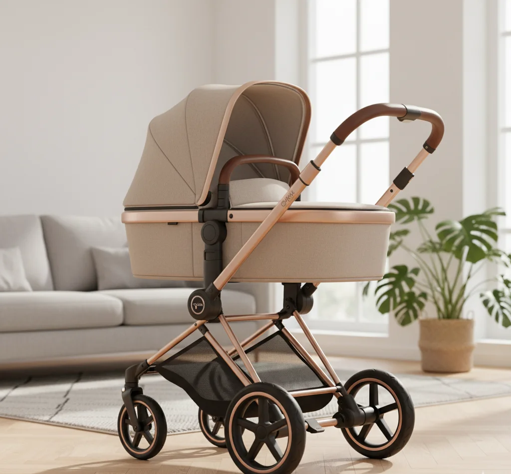 Detailaufnahme des Kinderwagens im Wohnzimmer, Fokus auf Griff und Stoffe