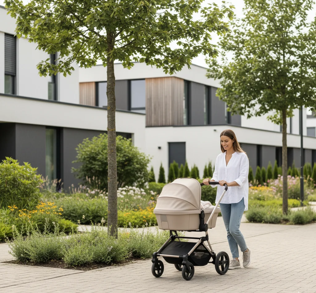 Junge Mutter schiebt den Kinderwagen in einer modernen Einfamilienhaussiedlung