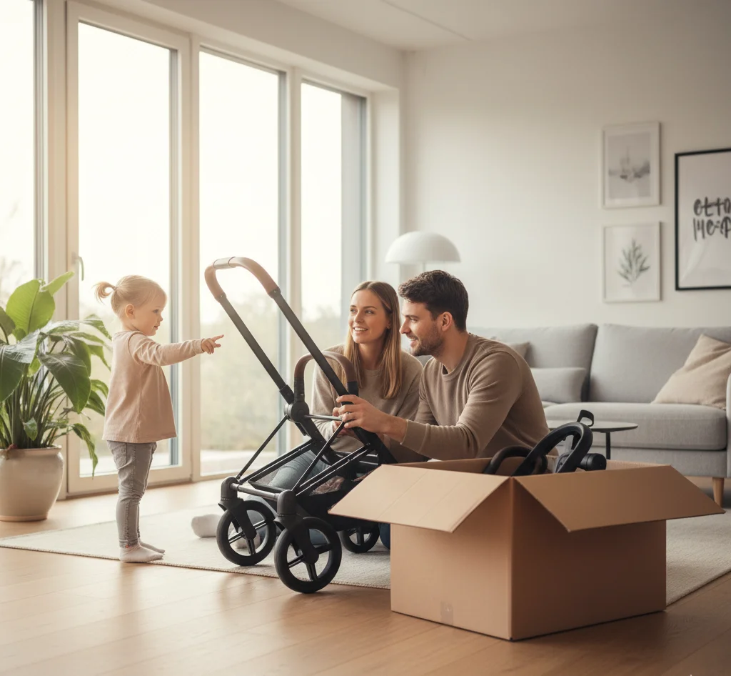Eltern bauen den Kinderwagen im Wohnzimmer zusammen, kleines Mädchen schaut zu
