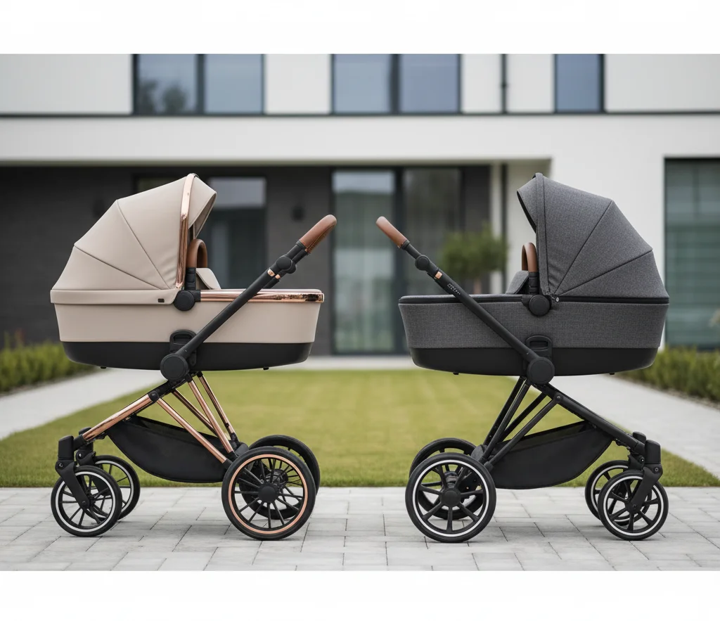 Zwei Kinderwagen nebeneinander in Einfamilienhaussiedlung.