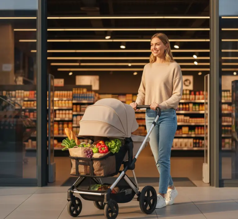 Junge Mutter schiebt Cybex Gazelle S Kinderwagen mit Einkaufstaschen aus Supermarkt