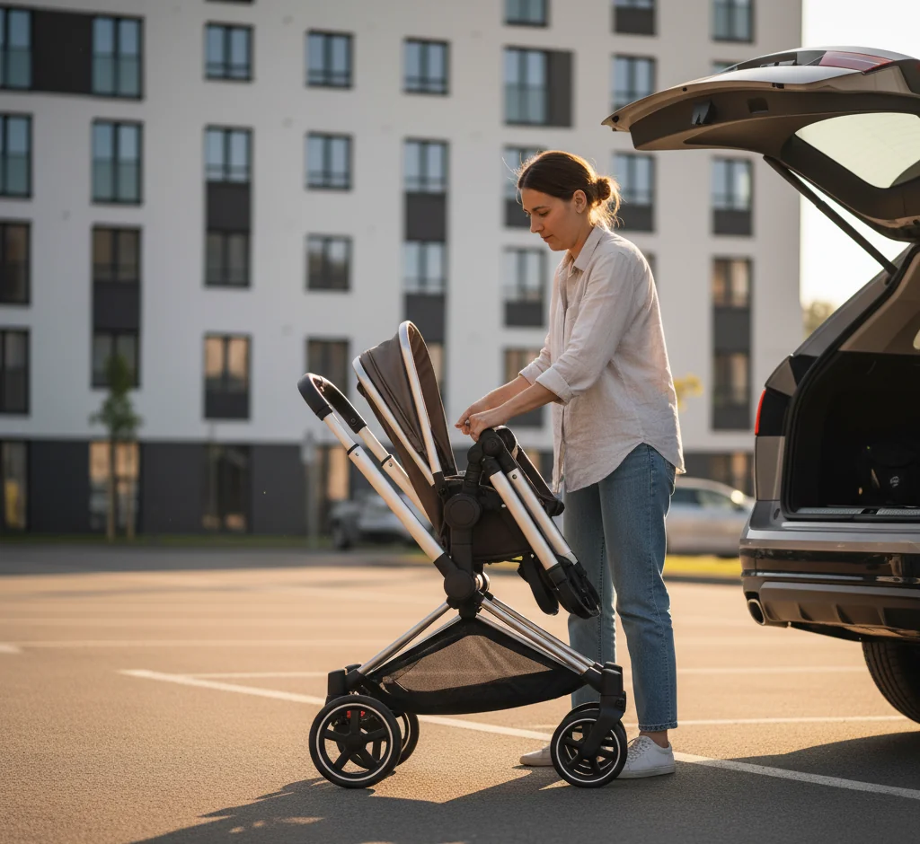 Frau faltet den Cybex Gazelle S Kinderwagen zusammen vor dem Auto