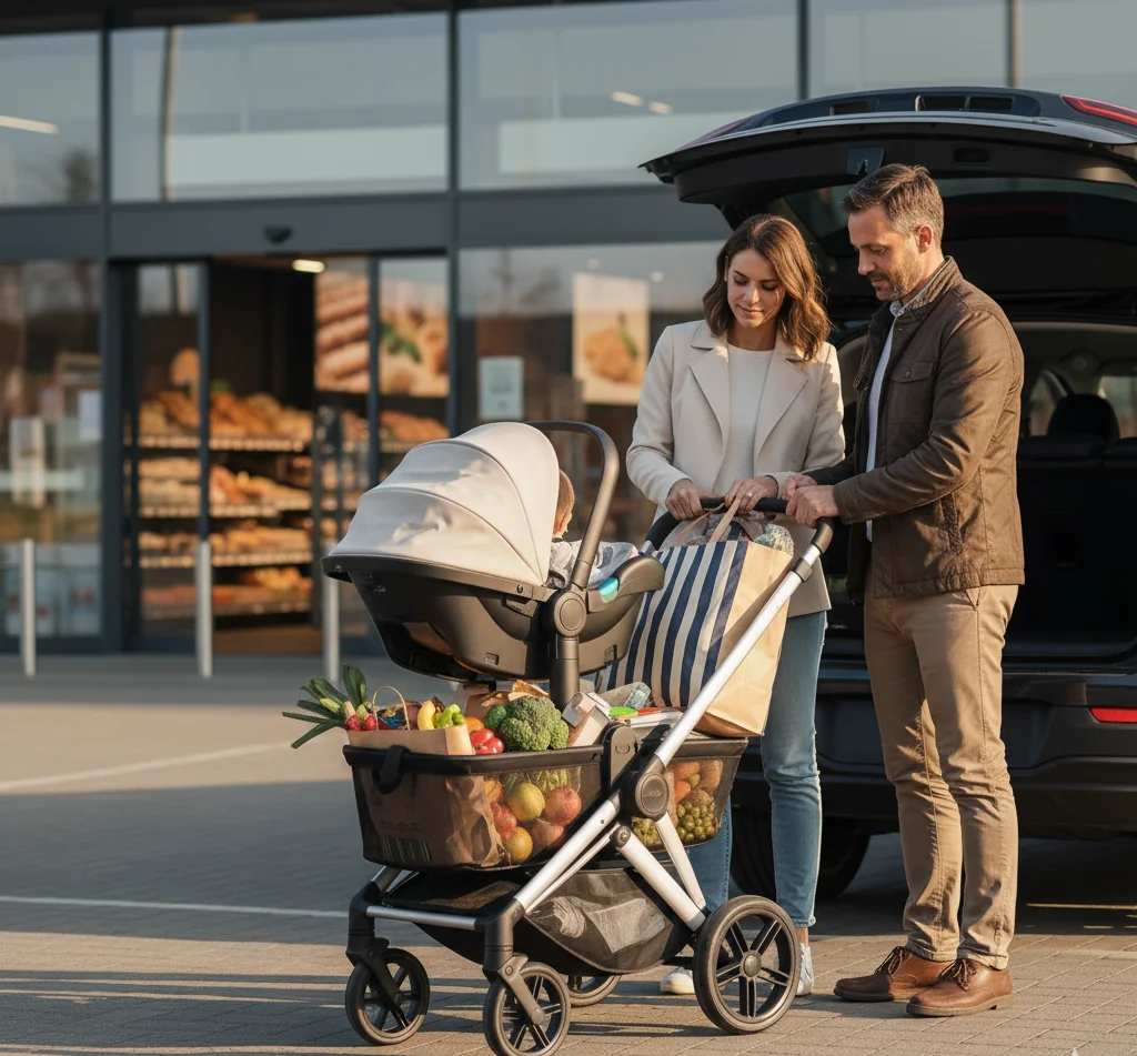 Eltern laden Einkauf aus dem großen Stauraum des Cybex Gazelle S Kinderwagens vor modernem Supermarkt