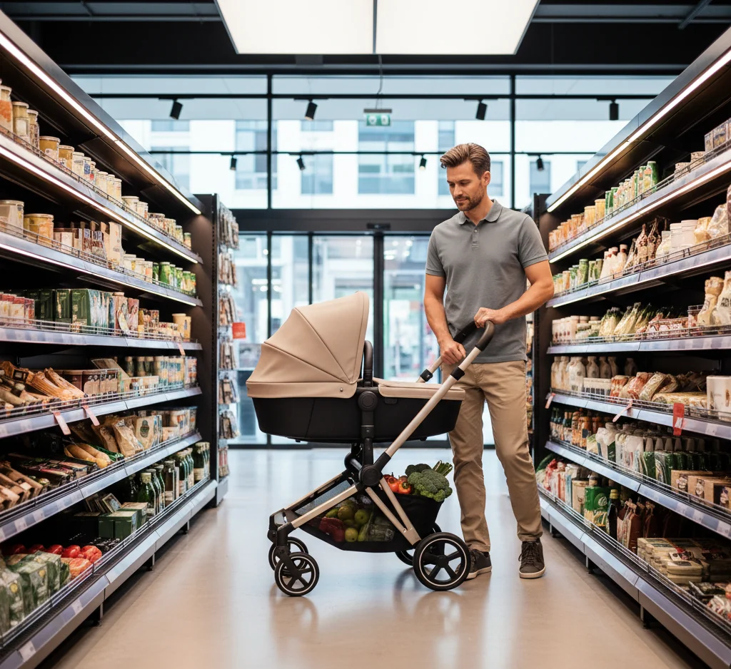 Vater schiebt den Cybex Gazelle S durch einen modernen Supermarktgang mit vollem Stauraumkorb