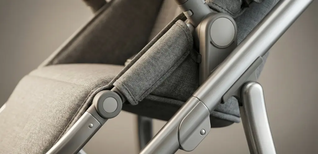 Detailaufnahme von Stoffen und Rahmen des ABC Design Avus 2 Buggys