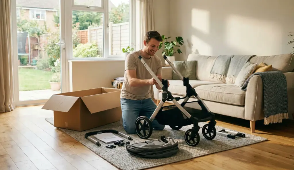 Eltern packen den ABC Design Avus 2 Buggy im Wohnzimmer aus