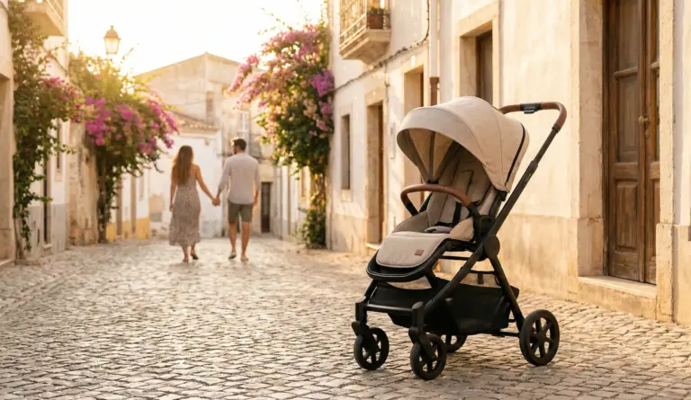 Kinderwagen steht in sonniger Altstadtgasse, Eltern gehen Hand in Hand im Hintergrund entlang