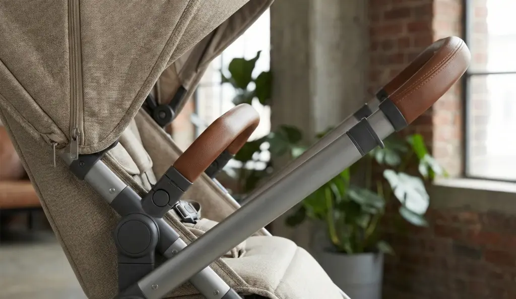 „Detailaufnahme des Kinderwagens mit Stoffen, Nähten und braunen Ledergriffen in urbaner Wohnung.