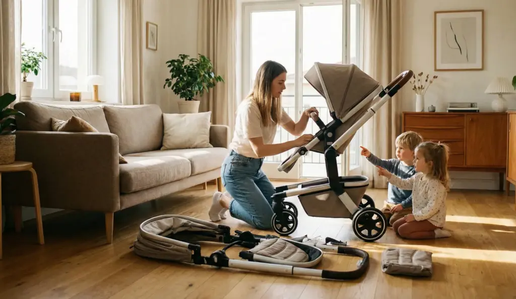 Mutter baut einen modernen Kinderwagen im Wohnzimmer auf, zwei Kinder schauen beim Unboxing zu.