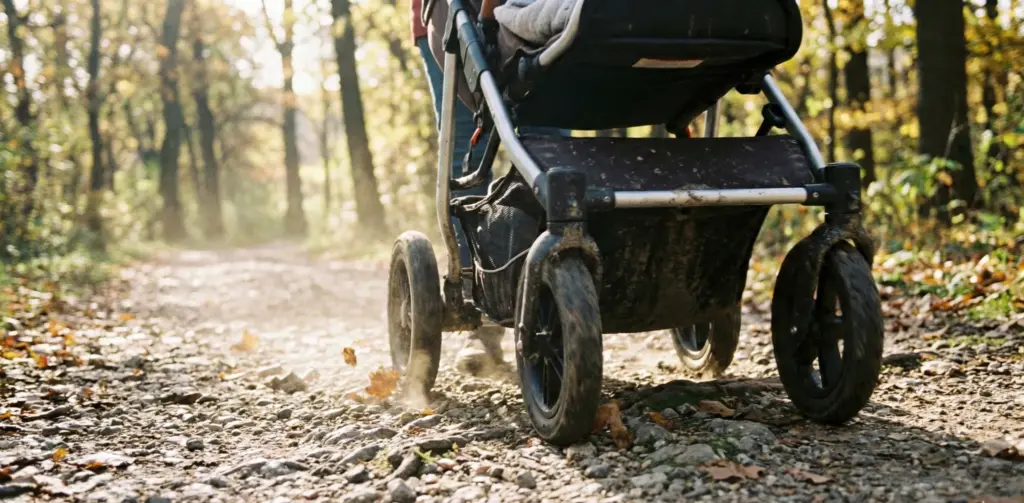 Buggy fährt über einen leicht unebenen Parkweg mit Schotter und Blättern.