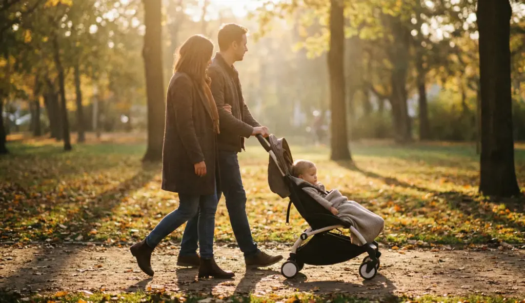 Familie spaziert mit dem Bugaboo Butterfly 2 durch einen sonnigen Park.