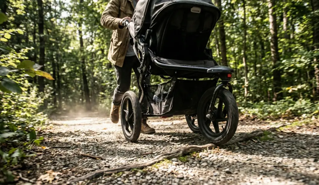 Person schiebt einen Kinderwagen über einen unebenen Waldweg mit Schotter und Ästen.