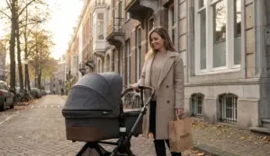 Mutter schiebt einen Kinderwagen durch eine ruhige Stadtstraße und trägt eine Brötchentüte.