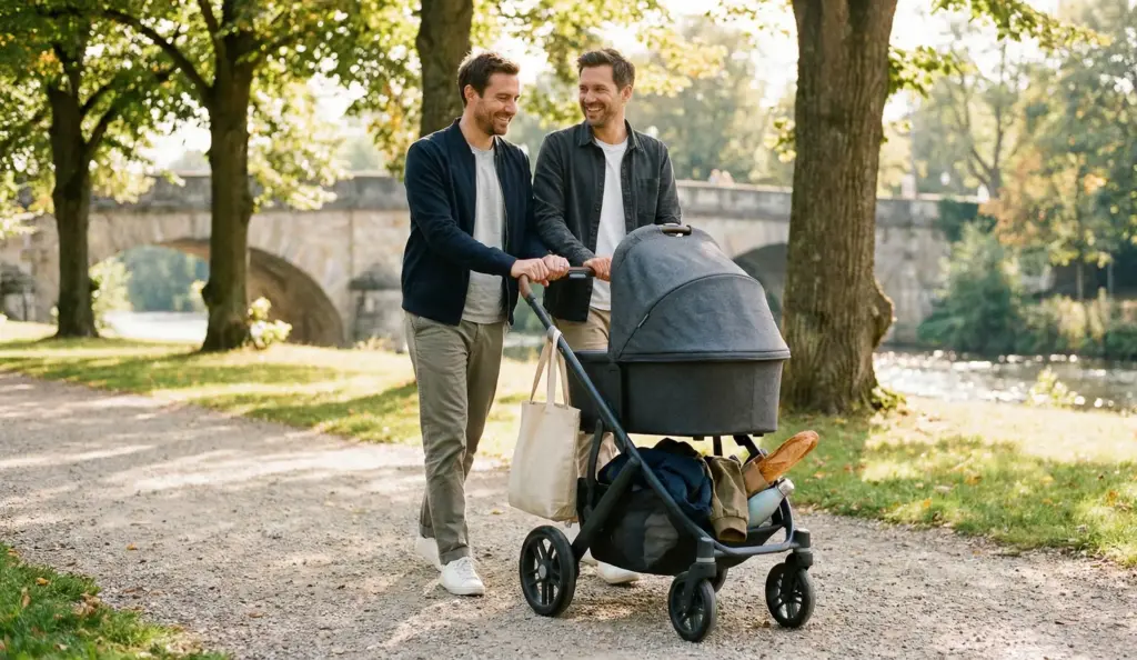 Zwei Väter schieben einen Kinderwagen mit vollgepacktem Unterkorb durch einen Parkweg.