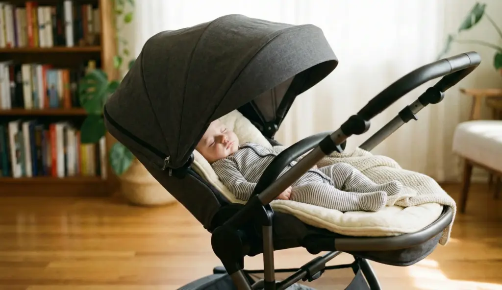 Schlafendes Baby liegt bequem im Kinderwagen mit ausgeklapptem Verdeck.