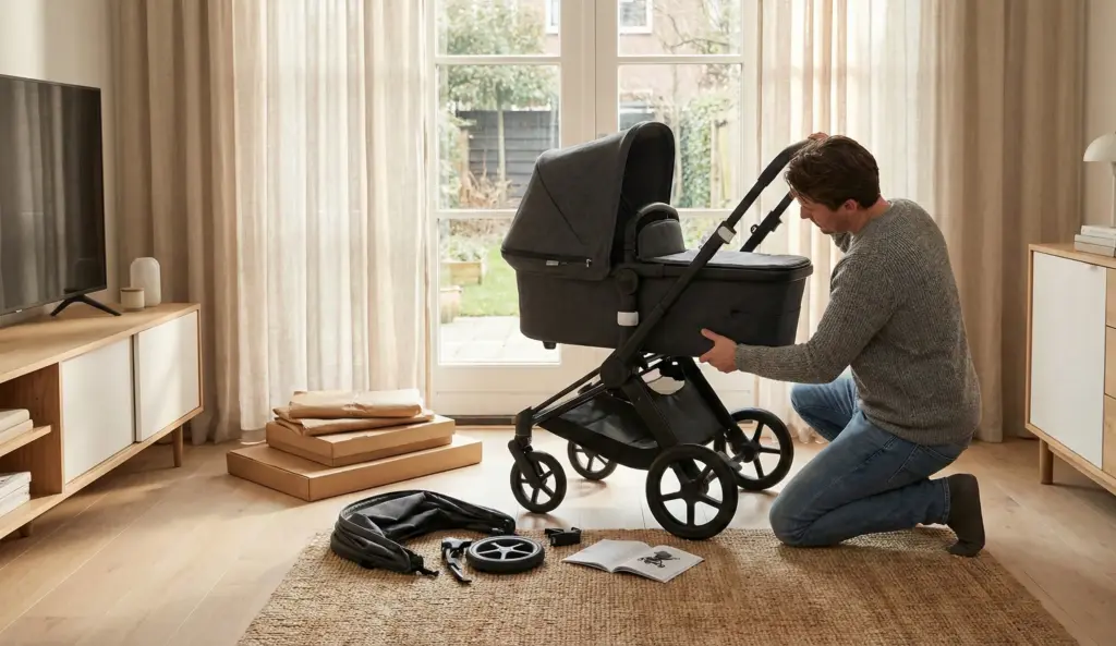 Vater baut im Wohnzimmer einen Kinderwagen zusammen, Kartons und Teile liegen bereit.