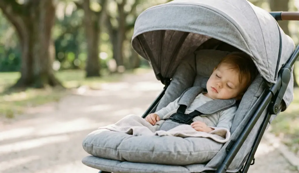 Schlafendes Kind im Bugaboo Butterfly 2 mit gepolstertem Sitz und großem Verdeck.