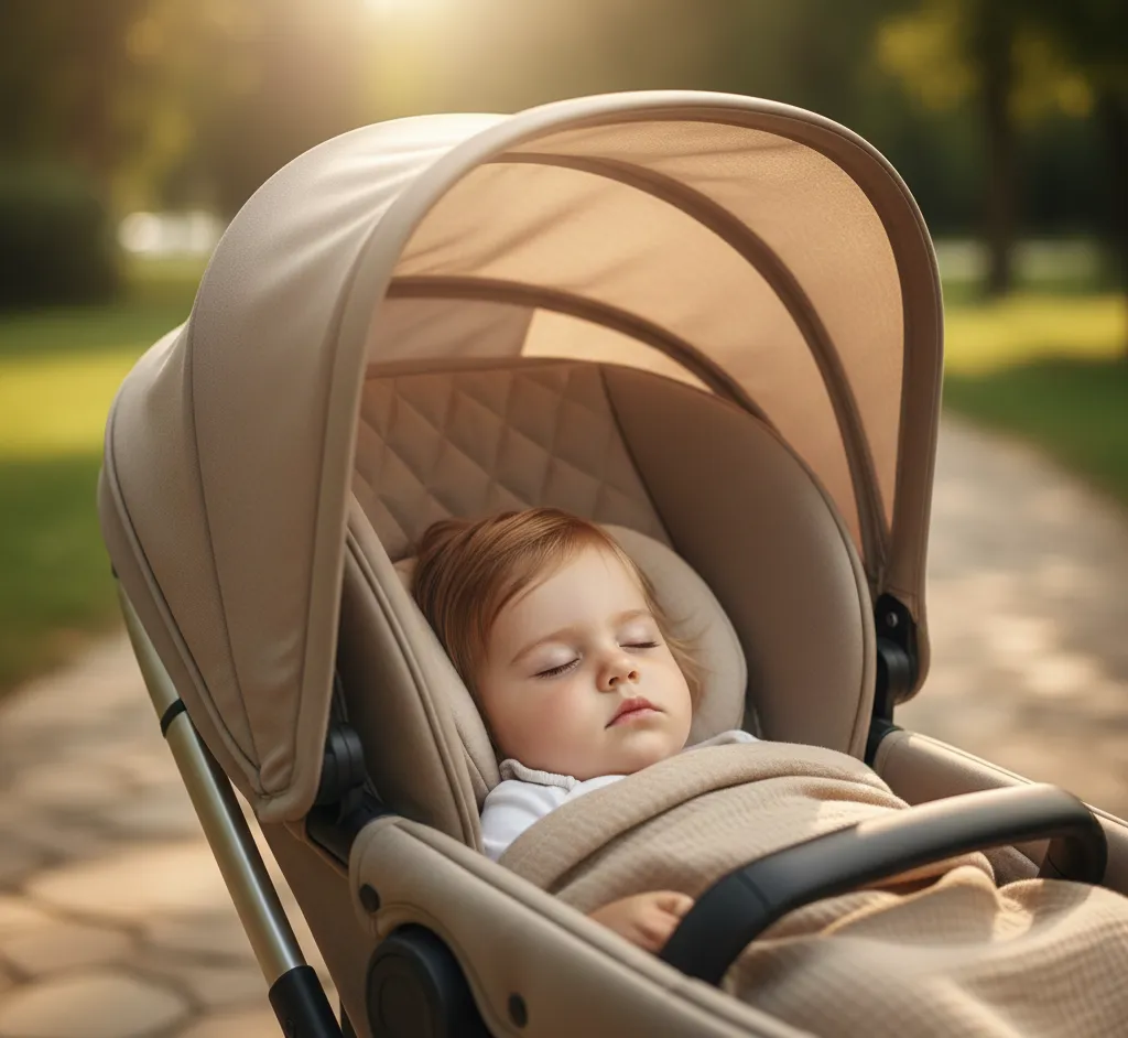 Schlafendes Baby liegt entspannt im gepolsterten Kinderwagen mit großem Verdeck im Park.