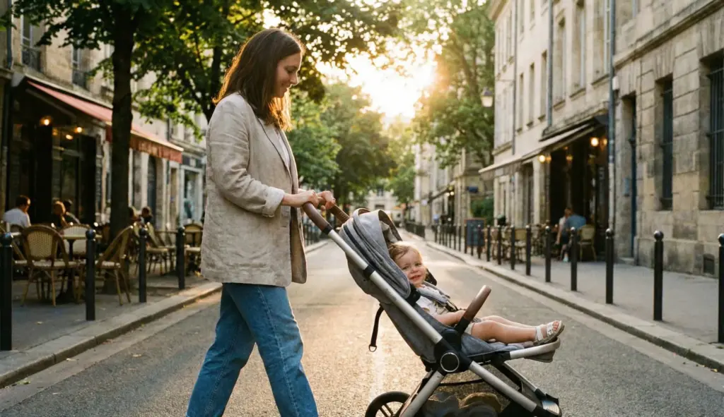 Mutter schiebt Kinderwagen durch eine sonnige Stadtstraße mit Cafés und Bäumen.