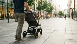 Bugaboo Butterfly 2 beim Spaziergang durch eine moderne Einkaufsstraße.