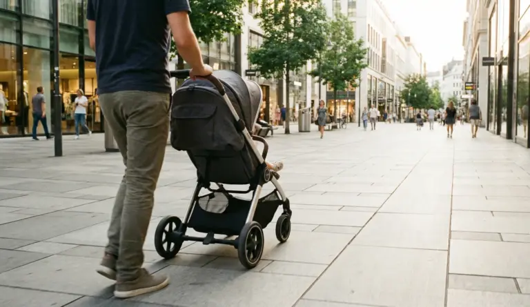 Bugaboo Butterfly 2 beim Spaziergang durch eine moderne Einkaufsstraße.